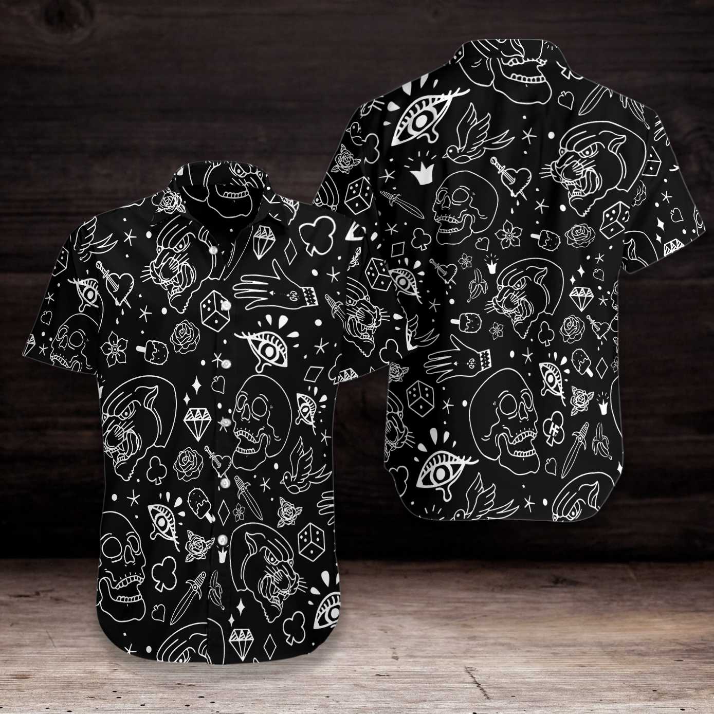 American Traditional Flash Tattoo Skull Hawaiian Shirt