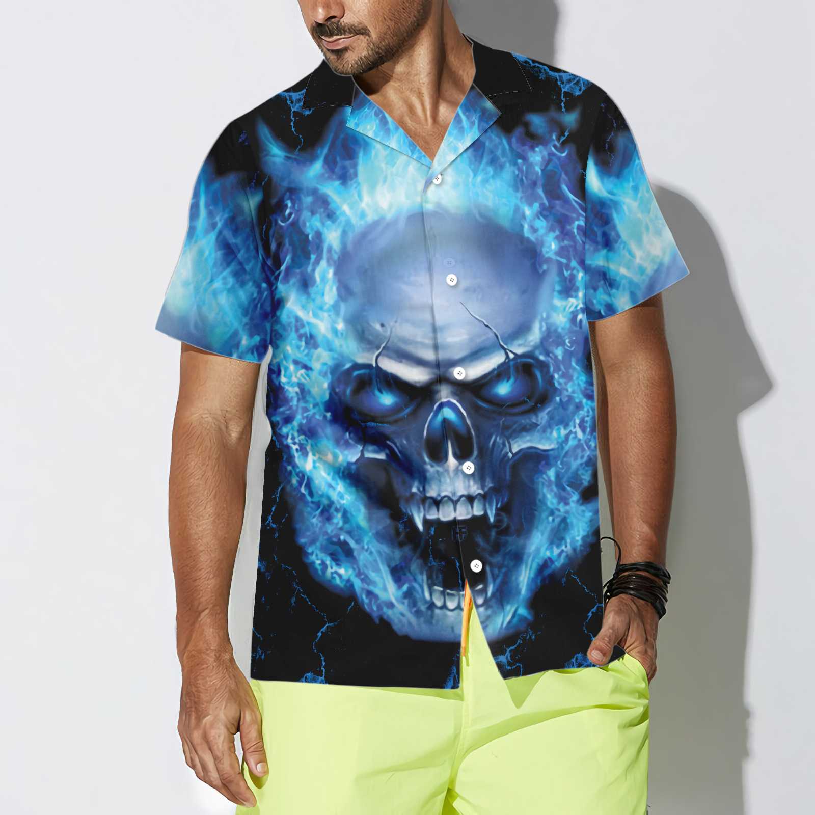 Blue Neon Skull Flame Hawaiian Shirt, 3D Blue Fire Skull Shirt