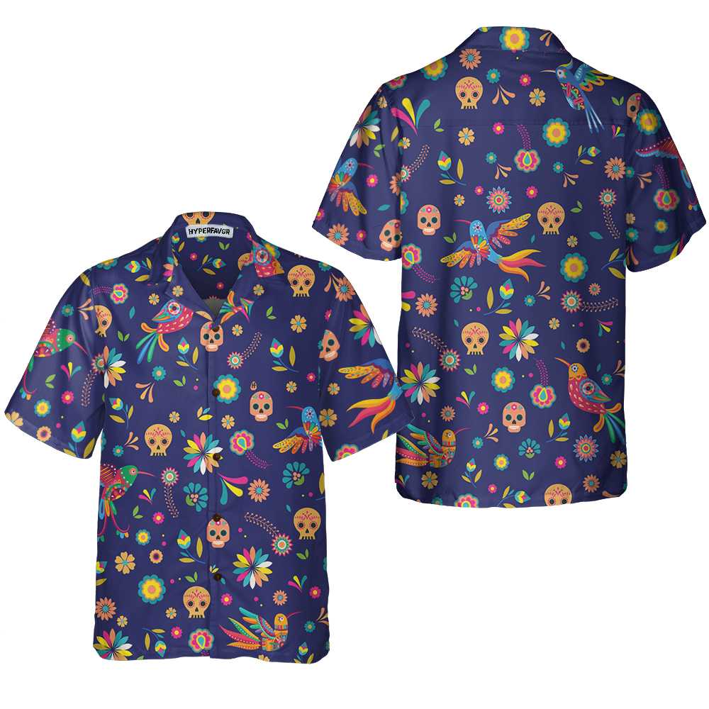 Colorful Alebrijes Birds And Bright Floral Mexican Culture Hawaiian Shirt, Mexican Sugar Skull Shirt