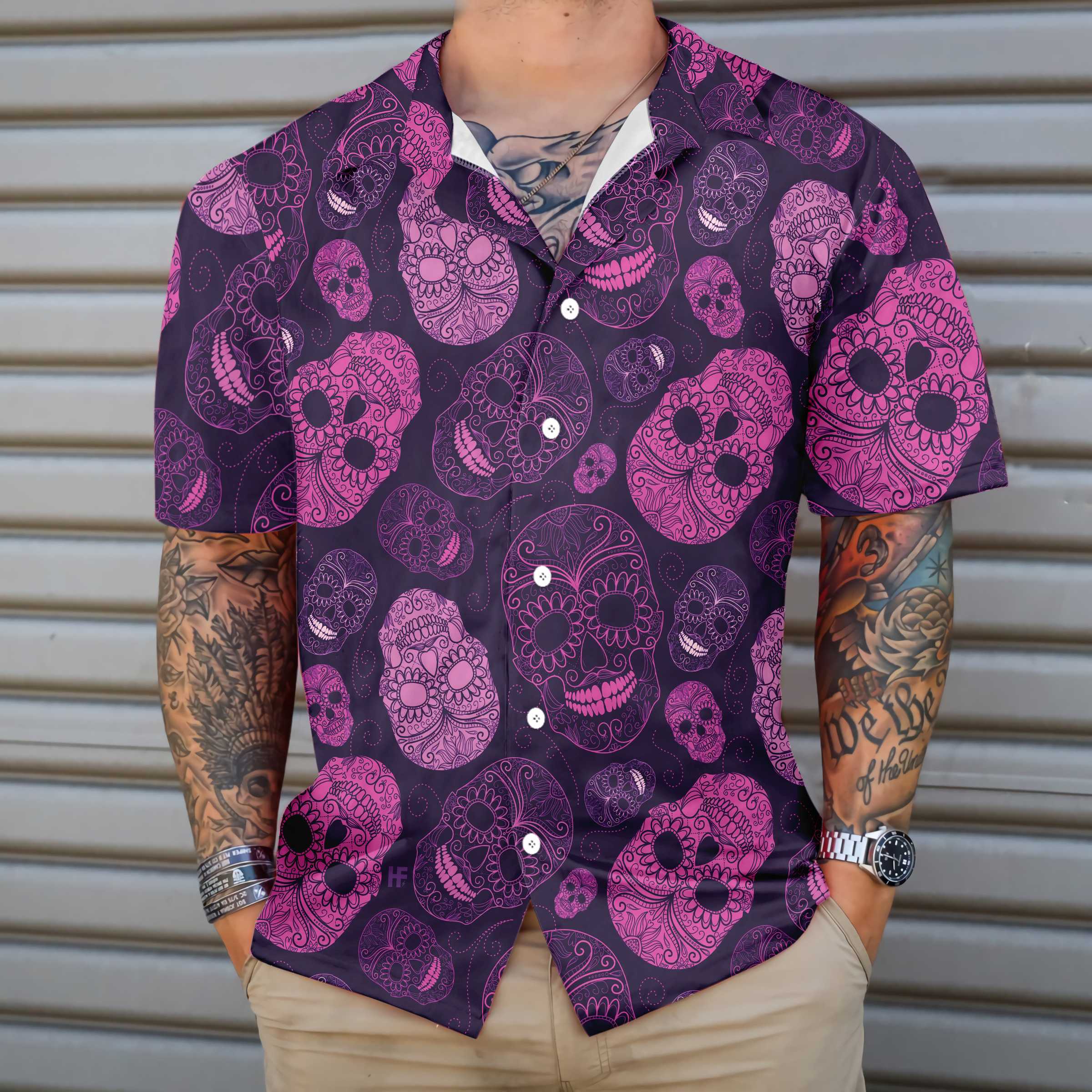 Purple Midnight Sugar Skull Hawaiian Shirt, Unique Day Of The Dead Skull Shirt For Men And Women