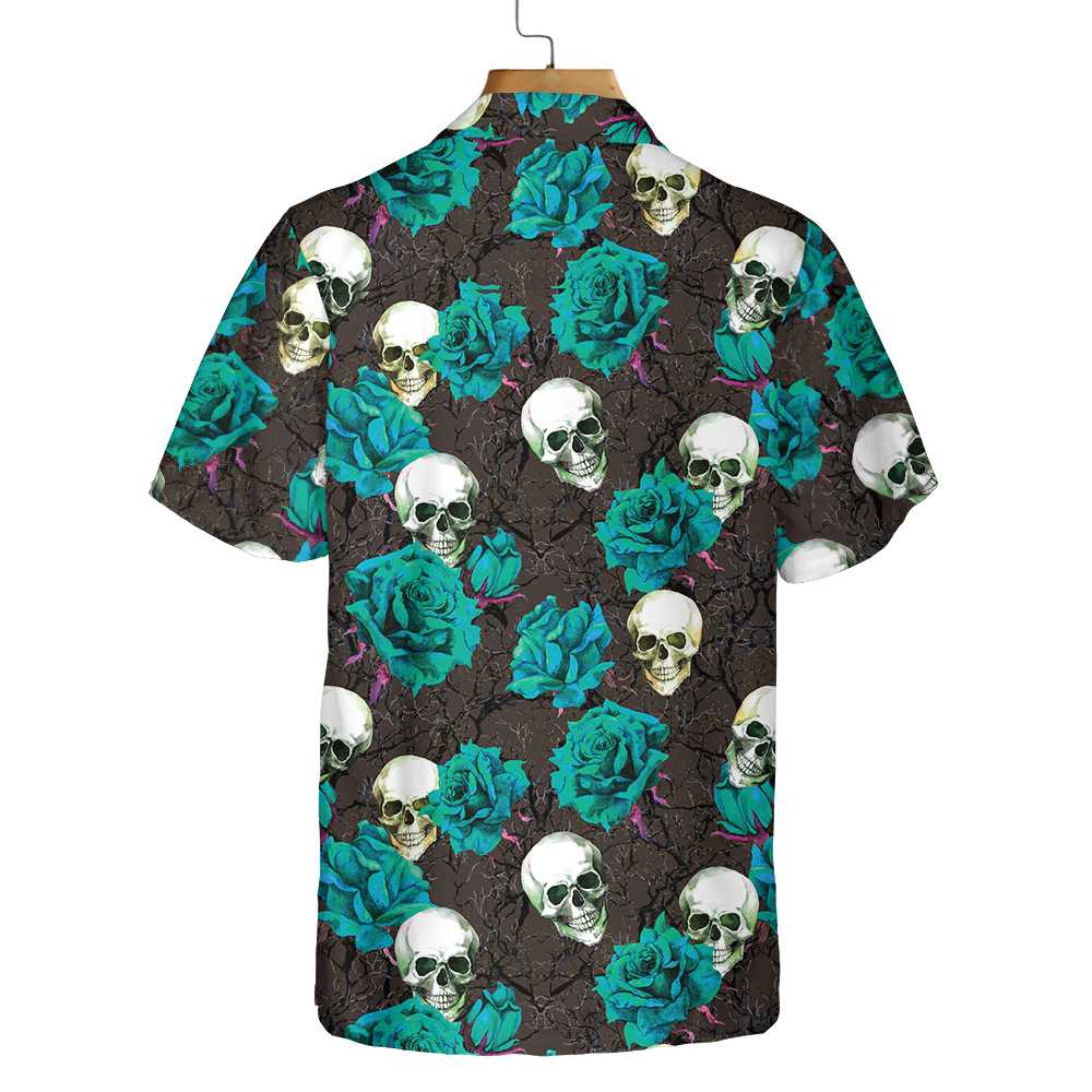 Skulls & Rose Branches Hawaiian Shirt, Blue Roses And Gothic Skull Shirt For Men And Women