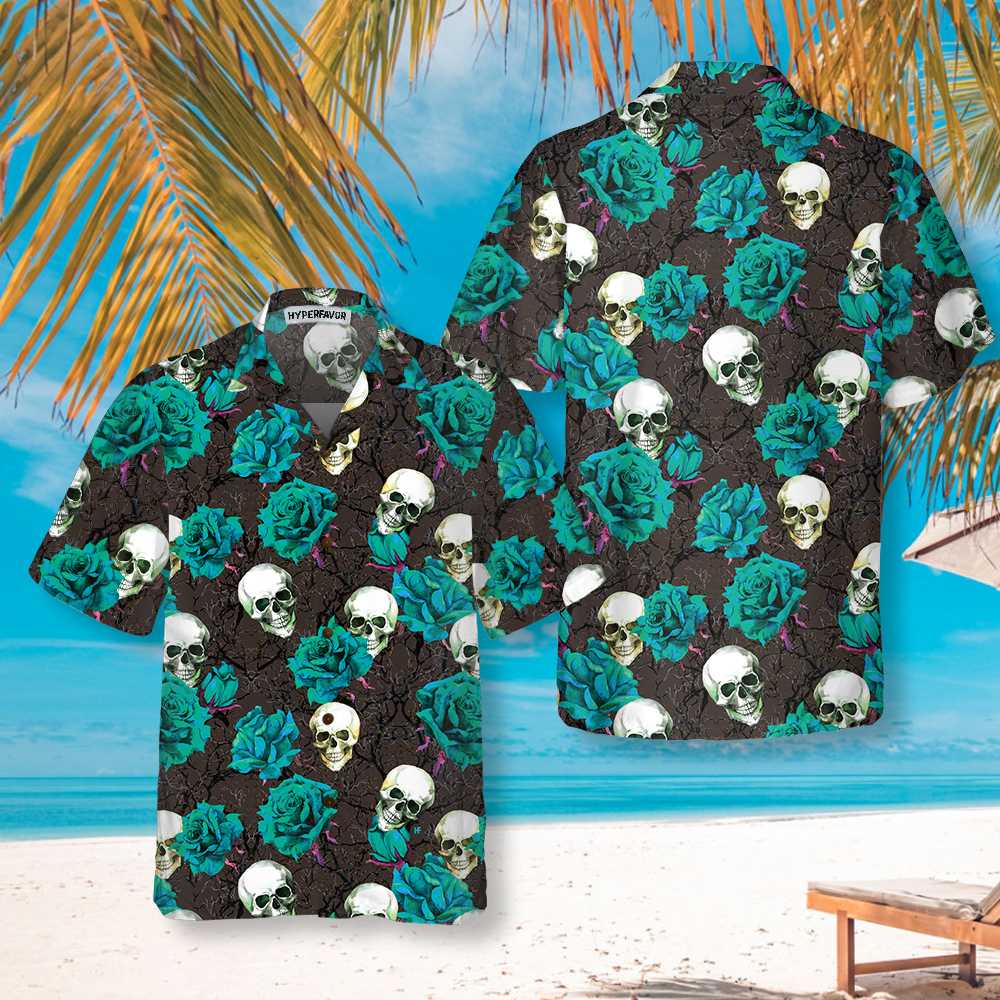 Skulls & Rose Branches Hawaiian Shirt, Blue Roses And Gothic Skull Shirt For Men And Women