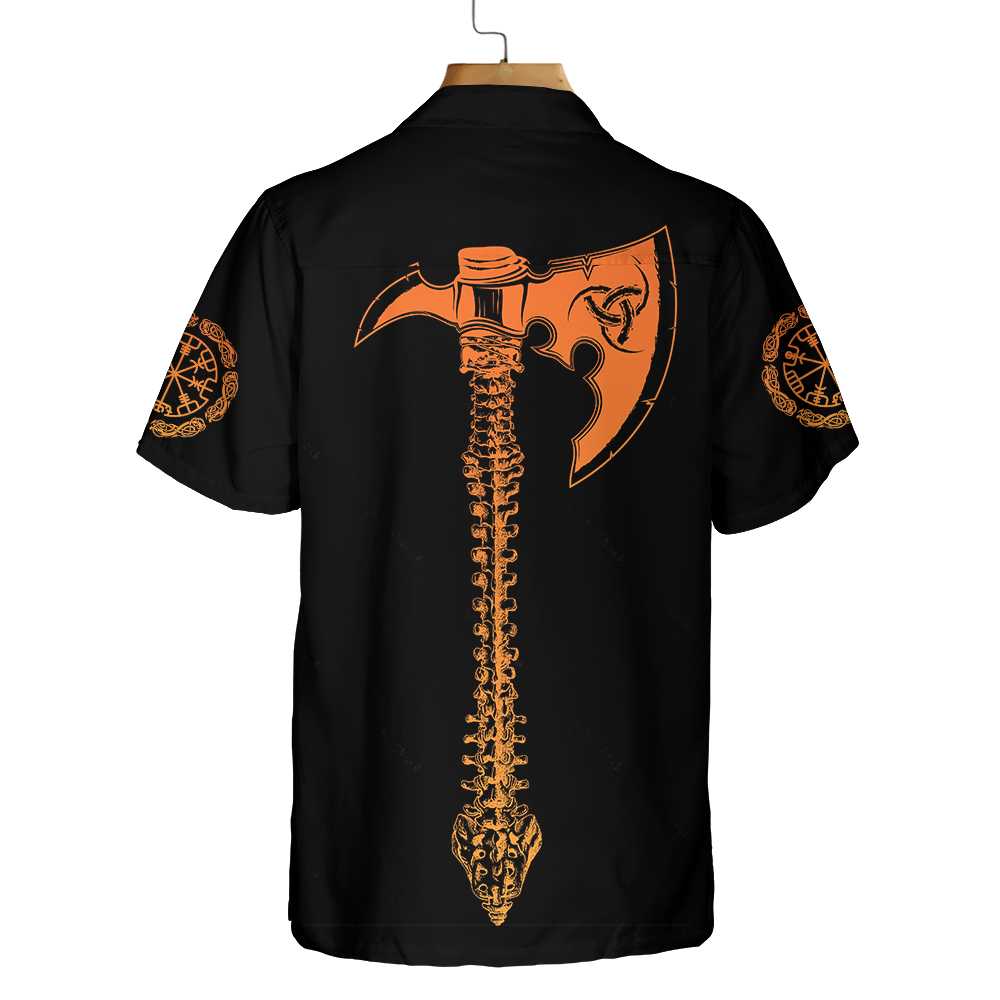 Viking Skull With Backbone Axe Hawaiian Shirt, Cool Orange Pattern Black Skull Shirt