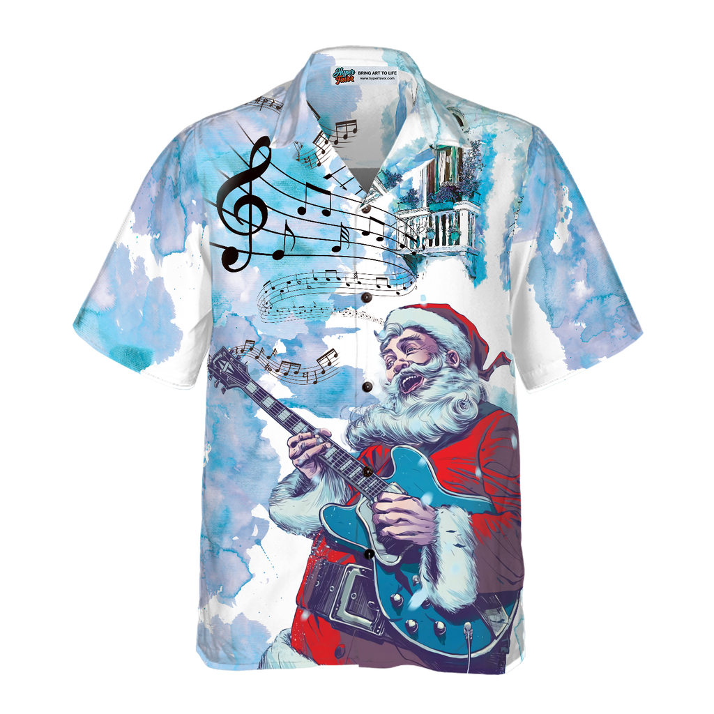 Hyperfavor Christmas Hawaiian Shirts, Chritmas Santa Guitar Music Pattern Shirt Short Sleeve, Christmas Shirt Idea Gift For Men And Women