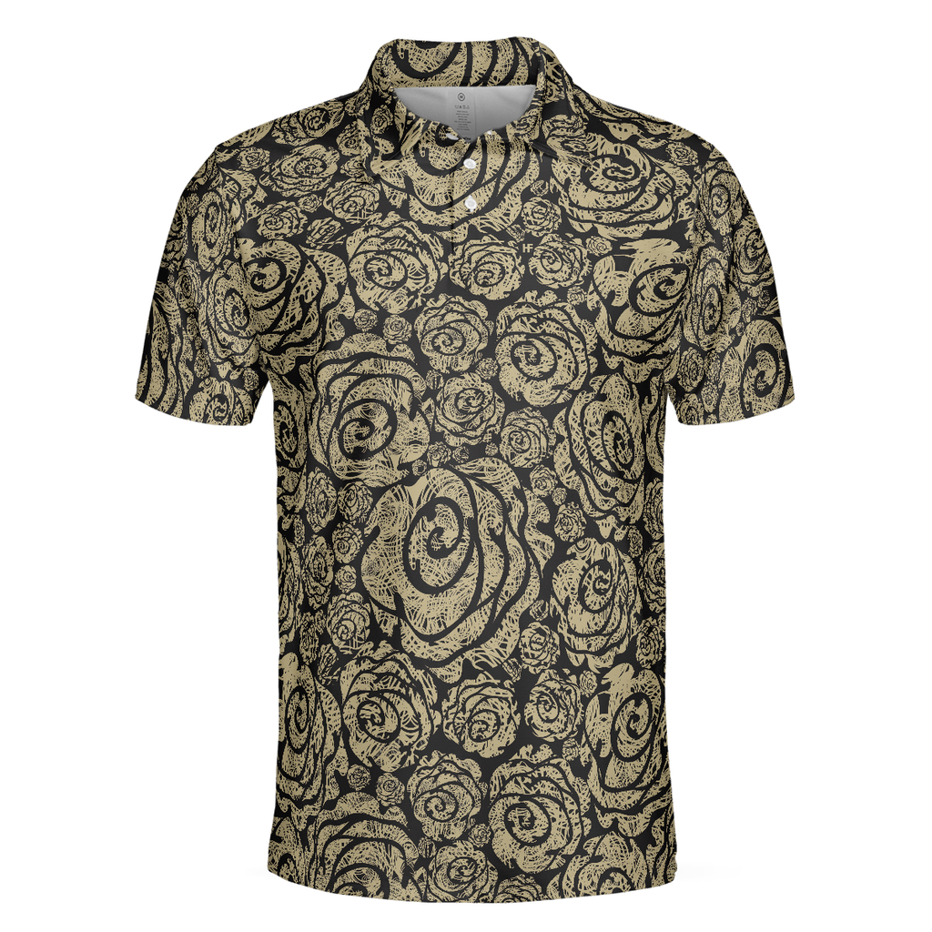 Seamless Beige Grunge Rose Pattern Polo Shirt, Cool Roses Graphic Polo Shirt, Rose Themed Shirt For Flower Lovers