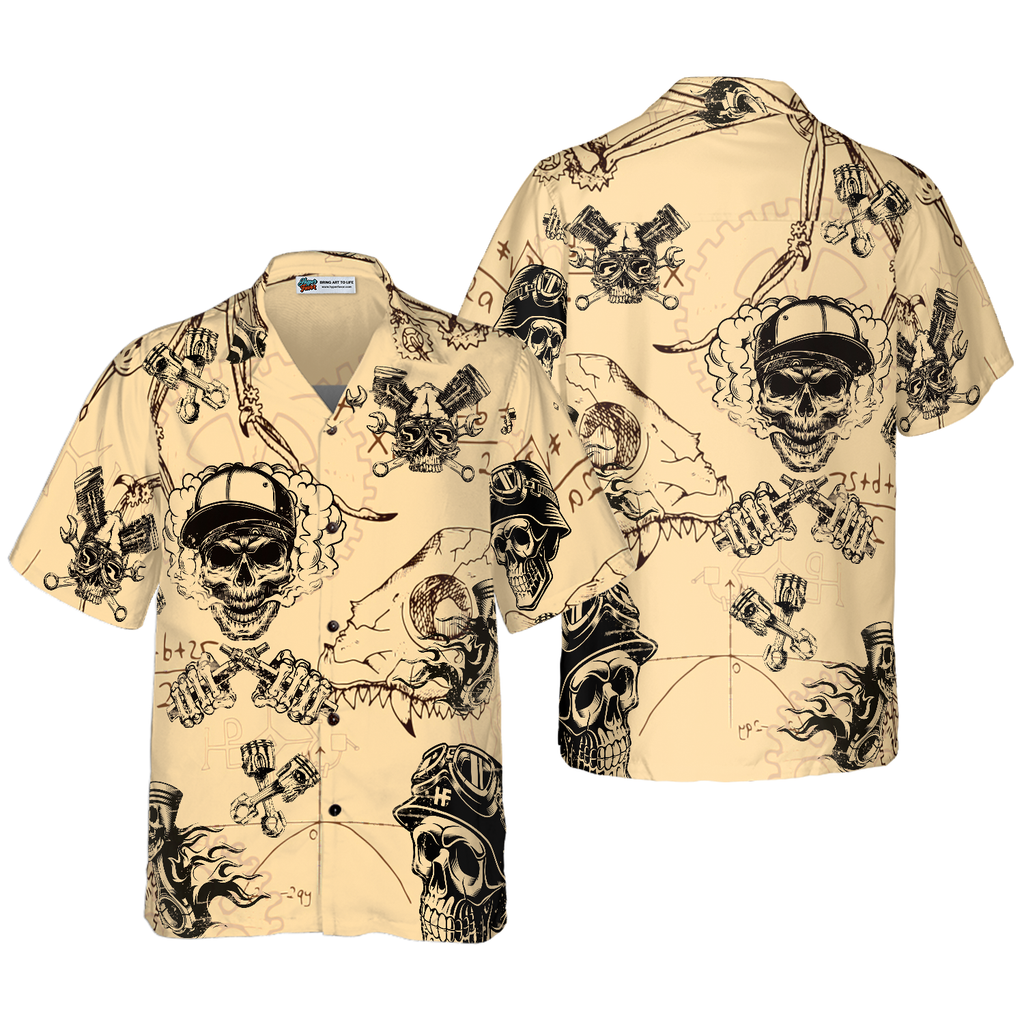 Skull On Retro Mechanism Background Hawaiian Shirt