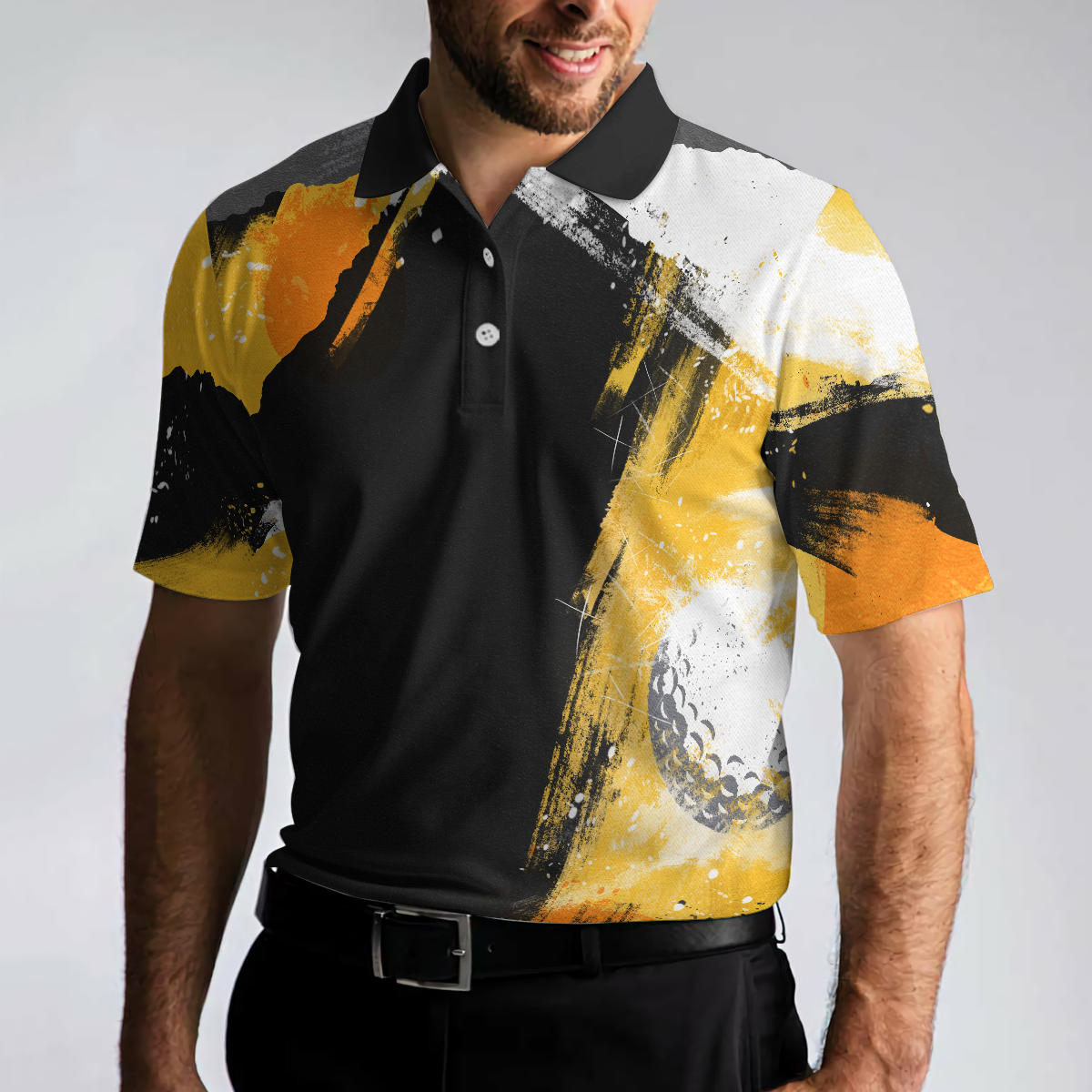 Golf On Artistic Black and Gold Crayon Strokes Short Sleeve Polo Shirt, Golf Shirt For Men