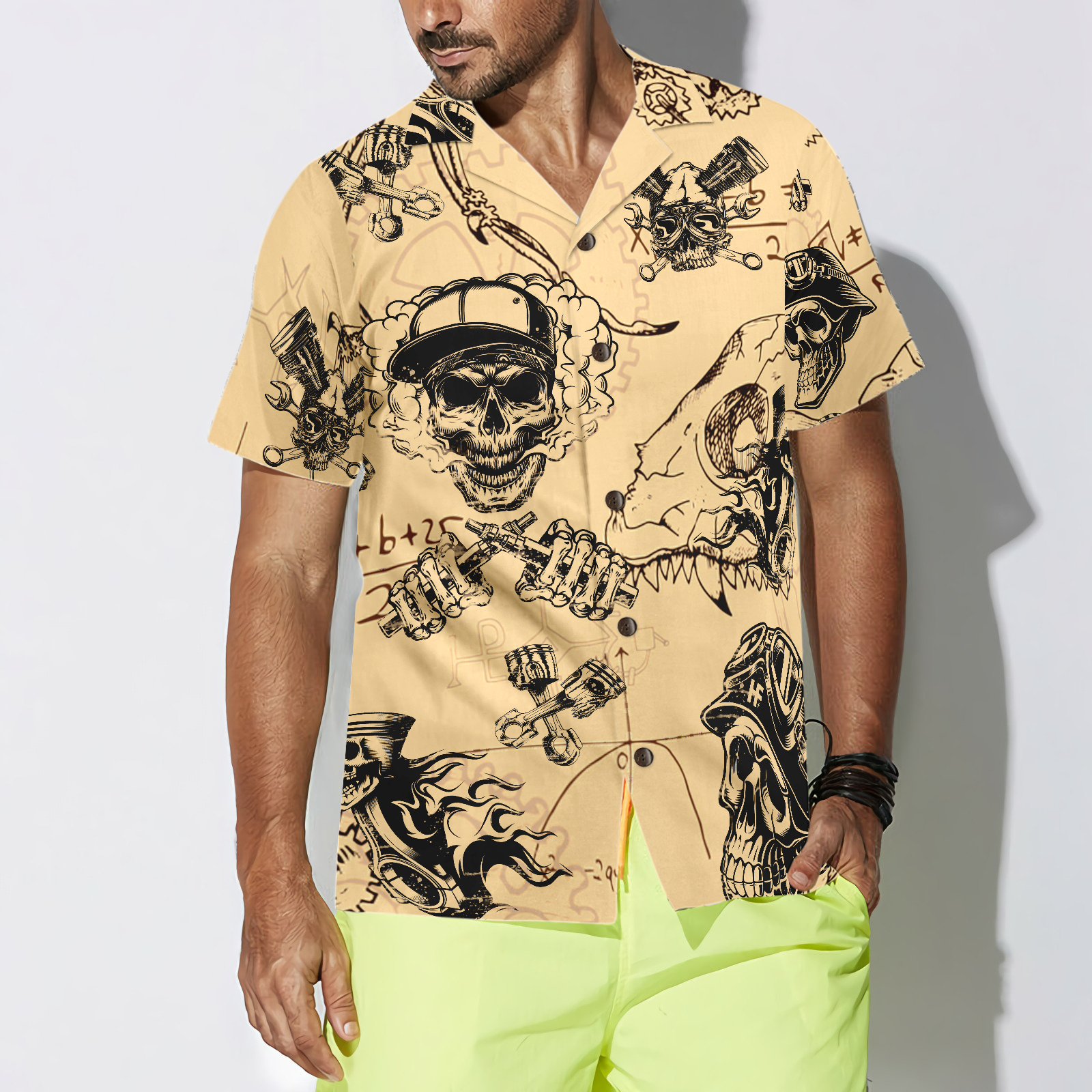 Skull On Retro Mechanism Background Hawaiian Shirt