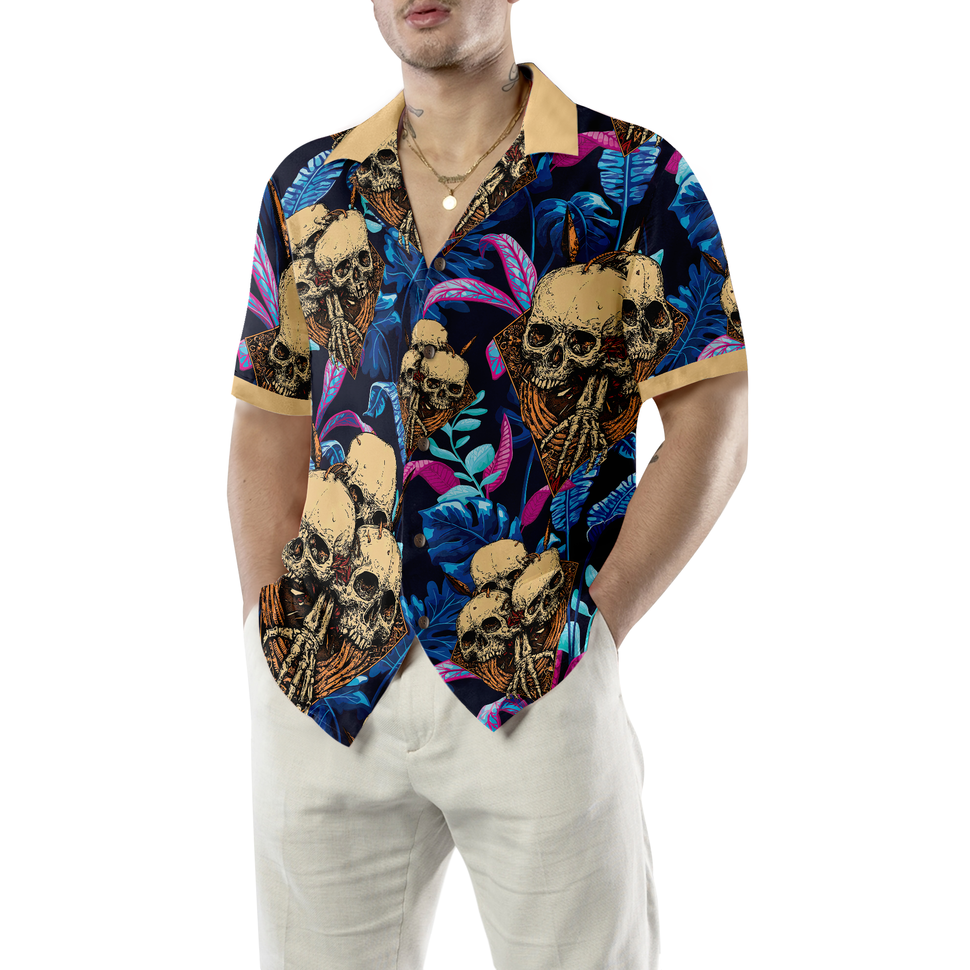 Skull Tropical Palm Leaves Background Hawaiian Shirt