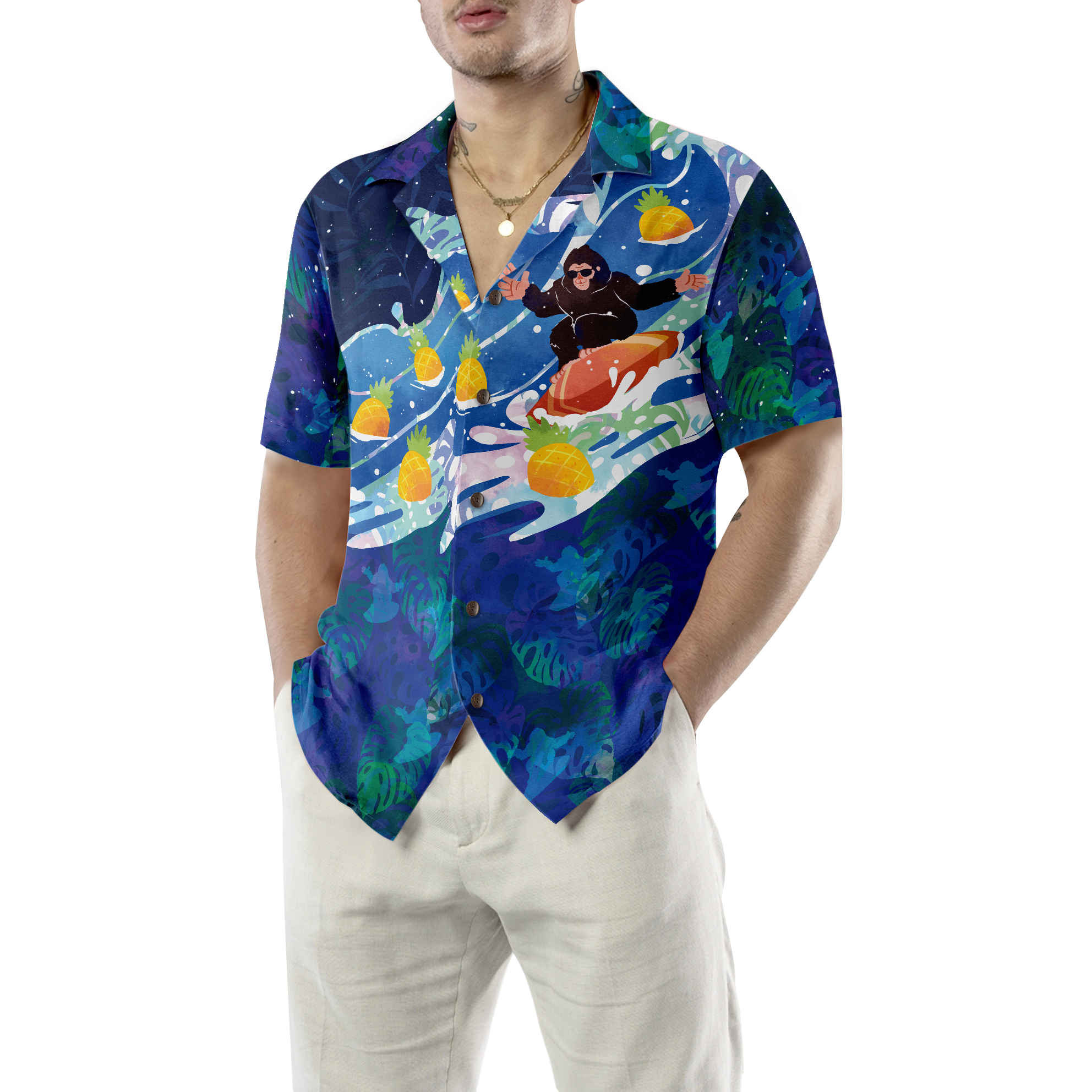 Bigfoot Surfing Tropical Hawaiian Shirts for Men